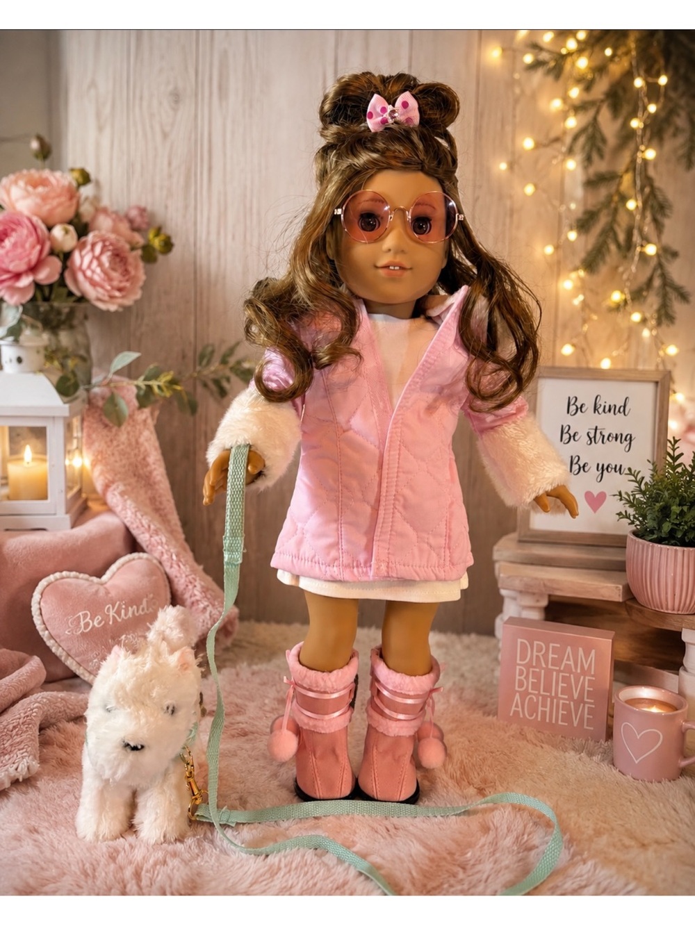 American Girl Pink Faux-Fur Trim Winter Coat & Pom Boot Outfit